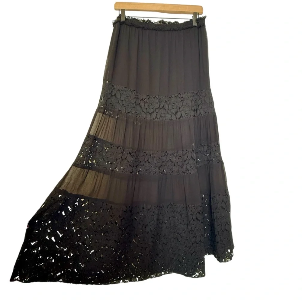 Black Maxi Skirt - Women's Tiered Lace Panel Design